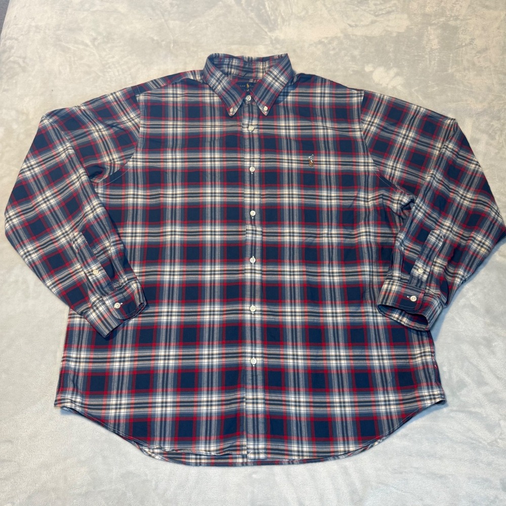 Ralph Lauren Classic Fit Plaid Button Down Shirt Men's XXL Navy Blue Red White